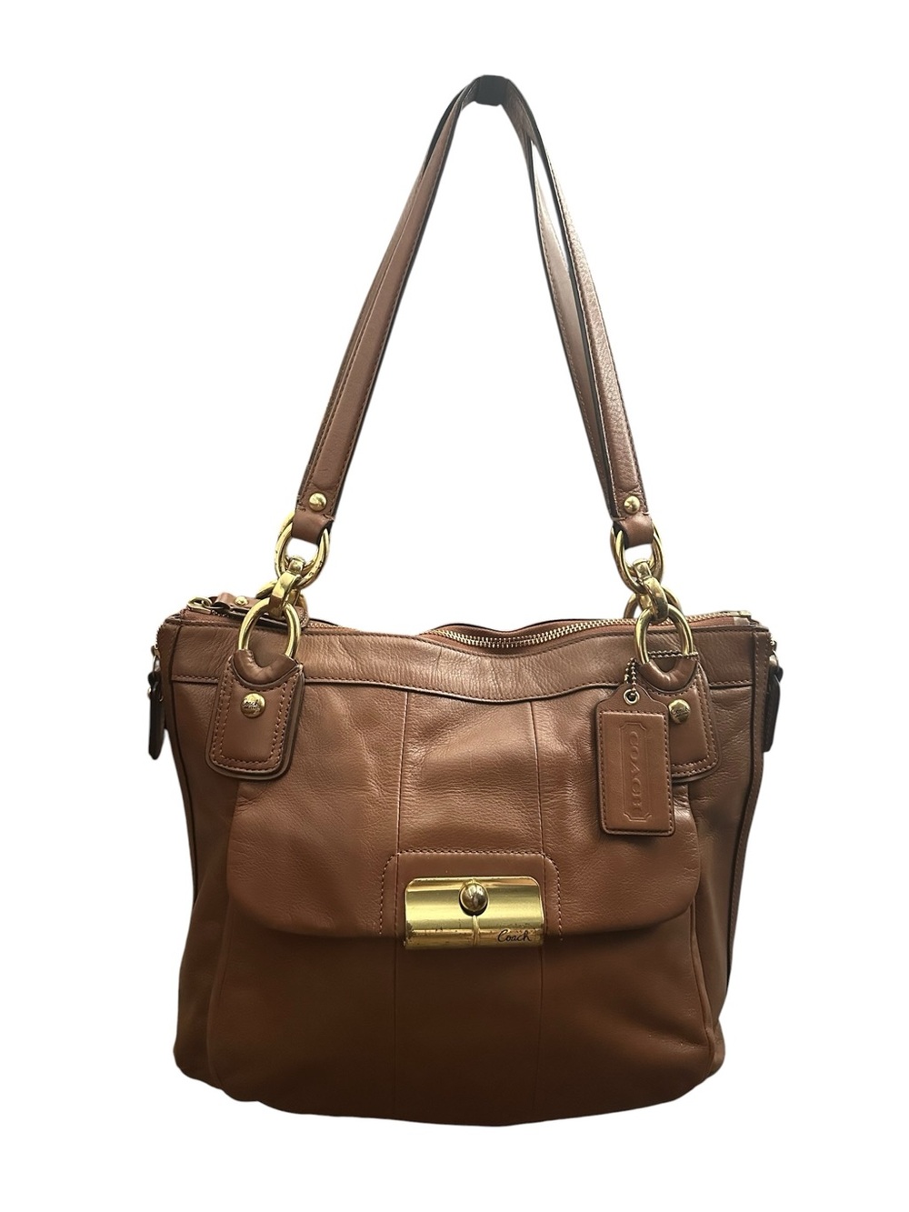 Coach Kristen Leather Shoulder Bag Tote Brown Brass Hardware Expandable Sides